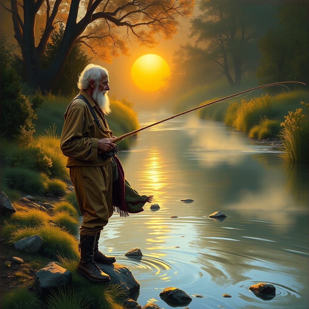 Old Man in Surrealist Creek Landscape, in the Style of Paul...