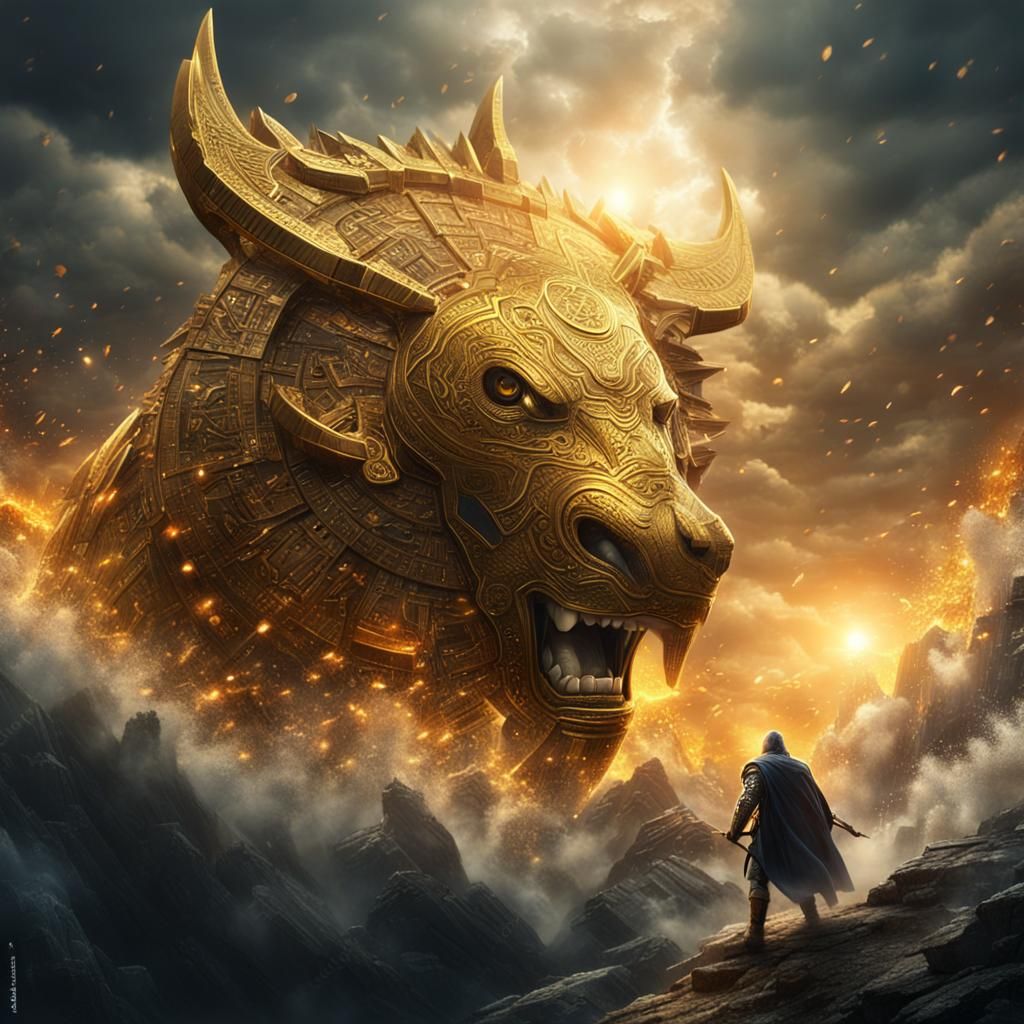 Norse God in Bitcoin Armor Fighting Giant