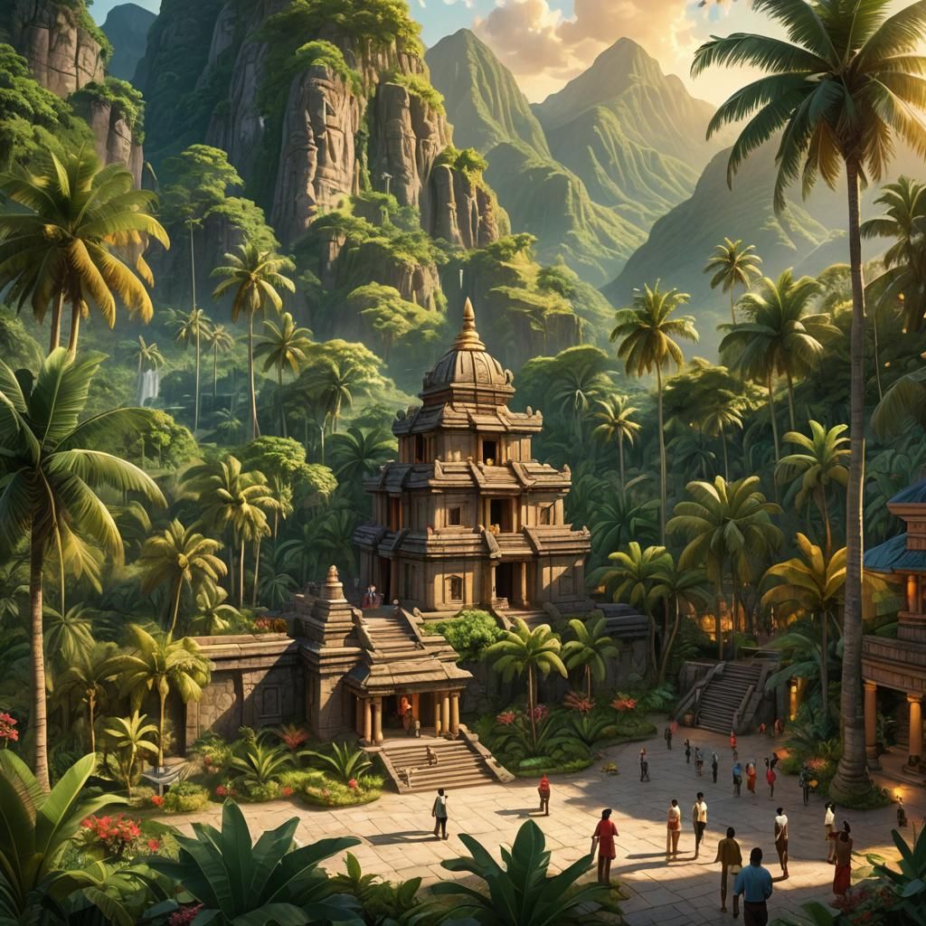 Caribbean Plaza Scene with Temple and Mountain