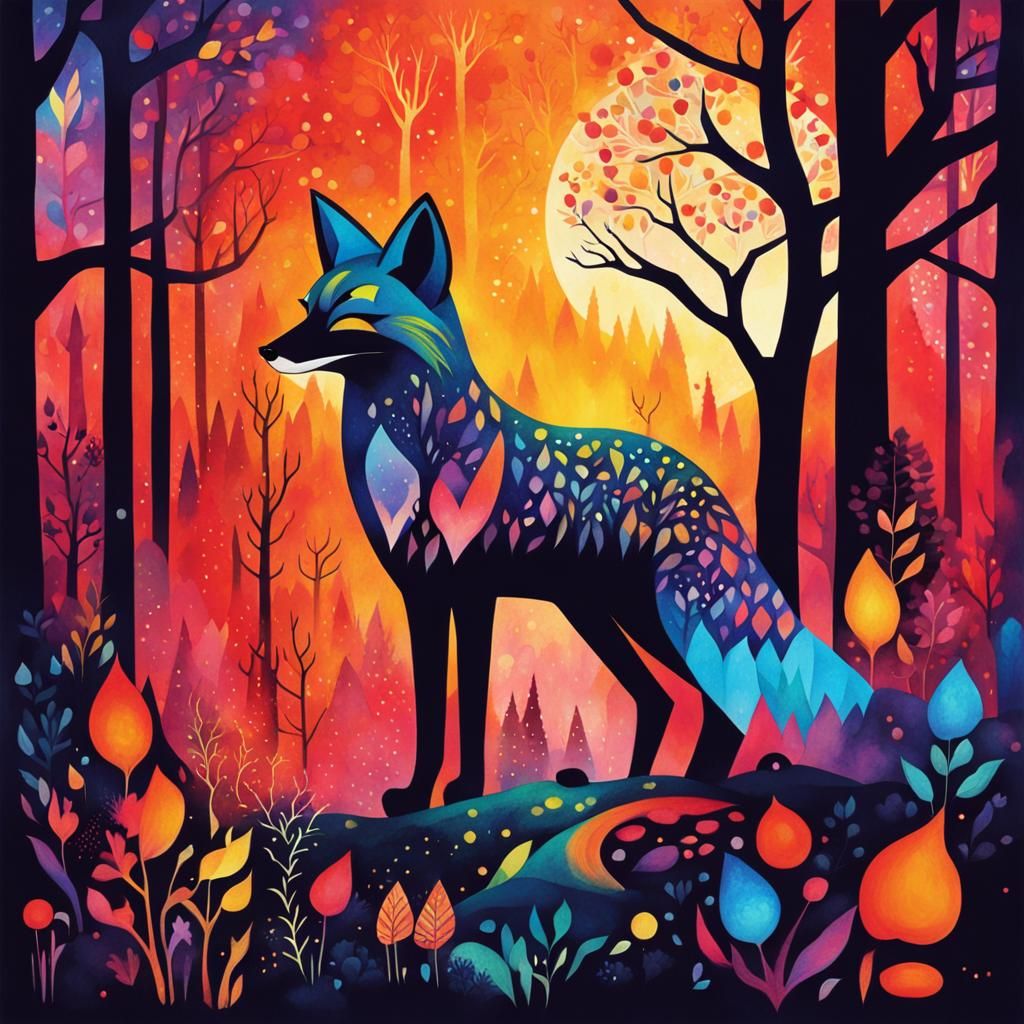 Psychedelic Fox Silhouette in Fiery Forest