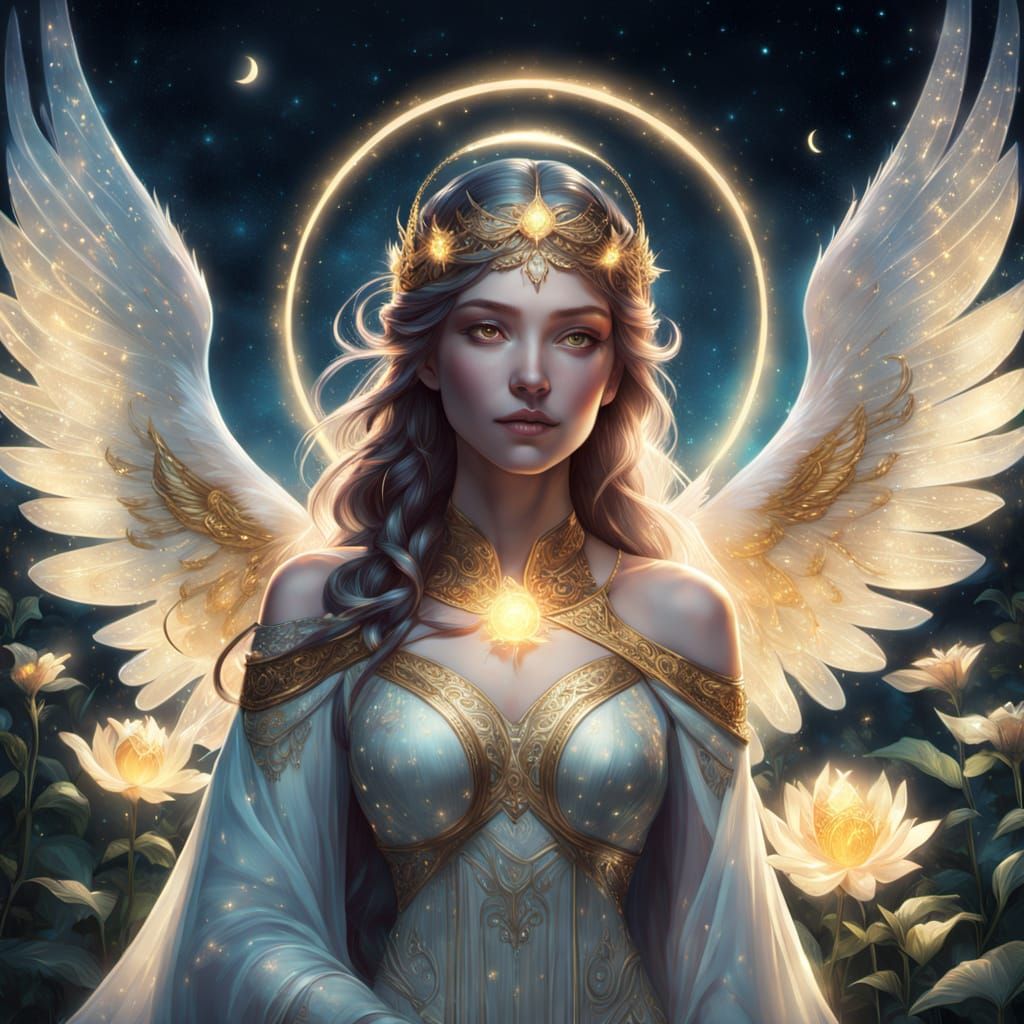 Celestial Angel Queen in Moonlit Temple Garden
