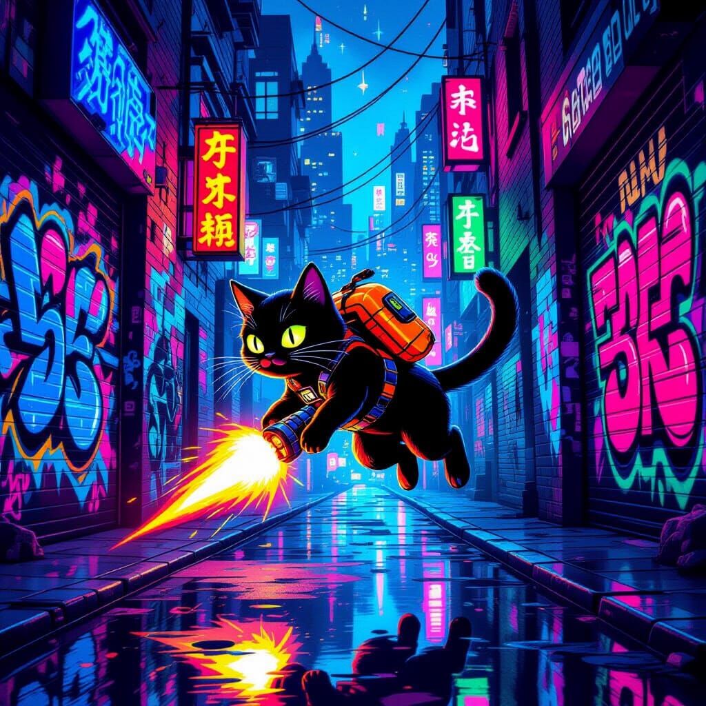 Mischievous Cat with Jetpack Flies Through Neon City Alley