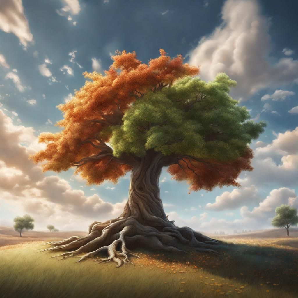 Tree in Four Seasons: Hyperrealistic Concept Art