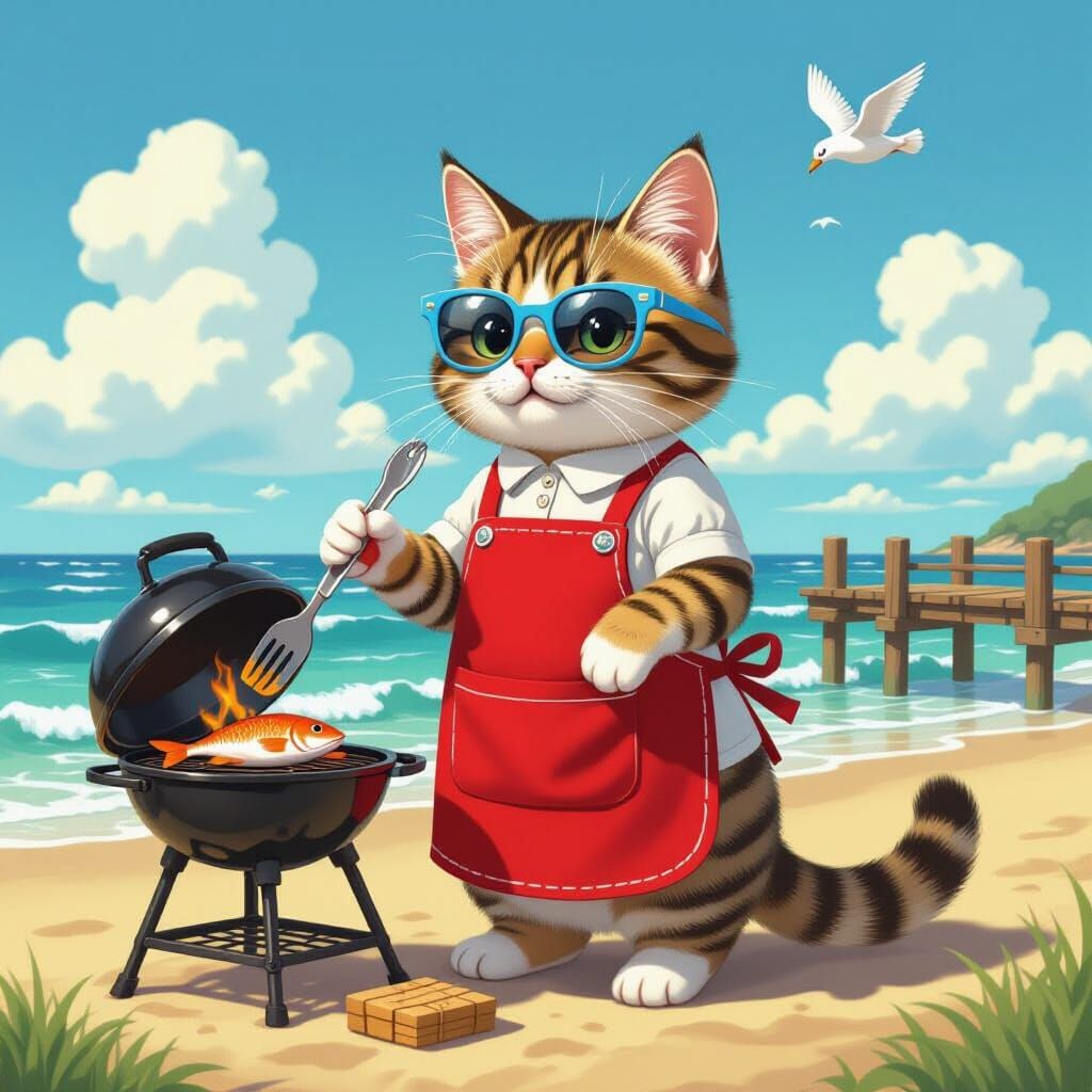 Cat Chef Grilling Fish on Beach in Cartoon Style
