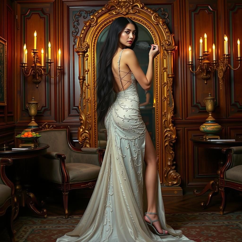 Elegant Woman Brushing Hair in Manor Dreamscape