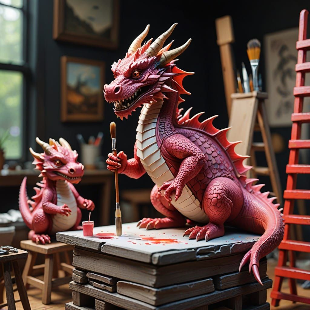 Miniature Workers Paint Whimsical Pink Dragon on Oversized F...