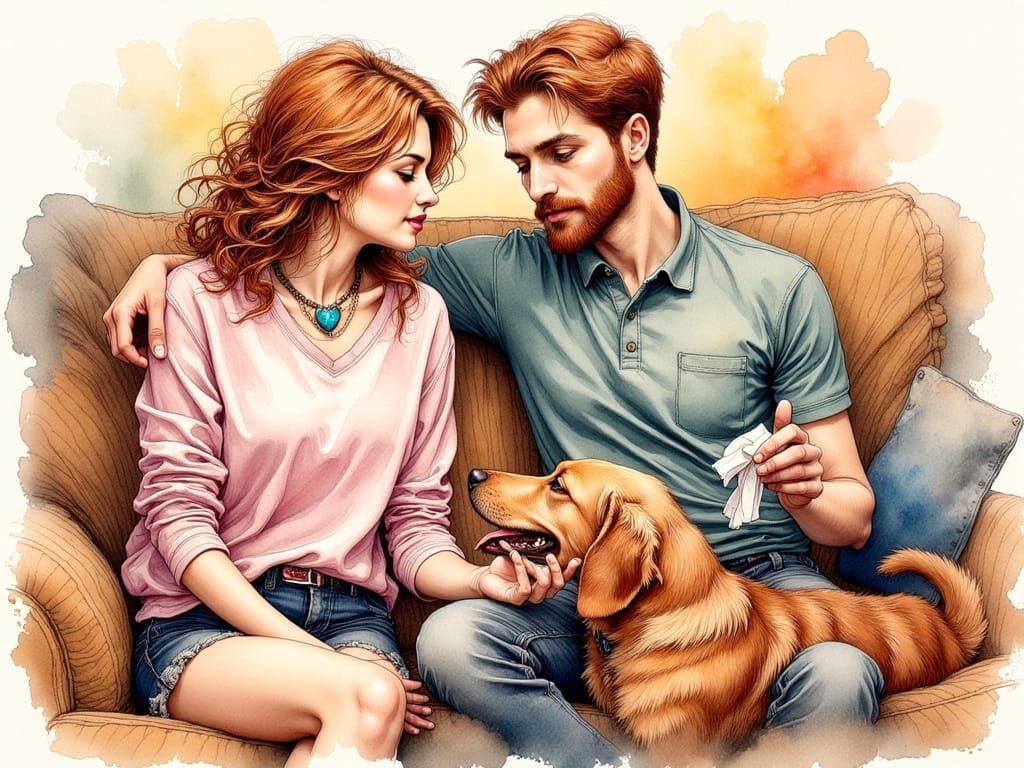 Young Woman and Man in Whimsical Ink Drawing