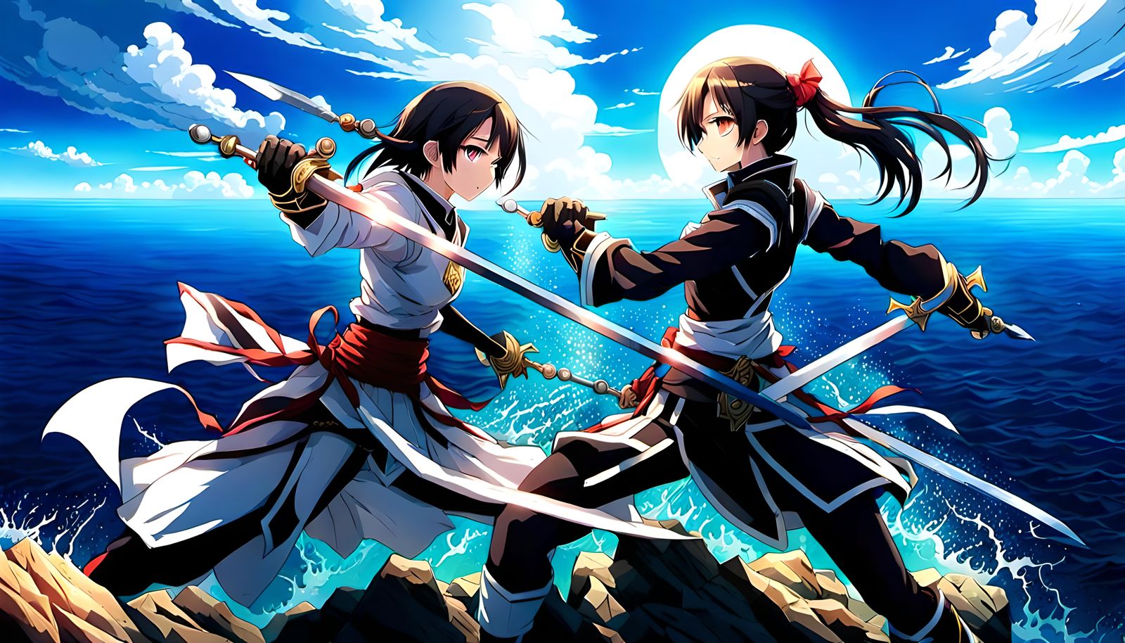 Anime Villain Sword Fight on Ocean Rock