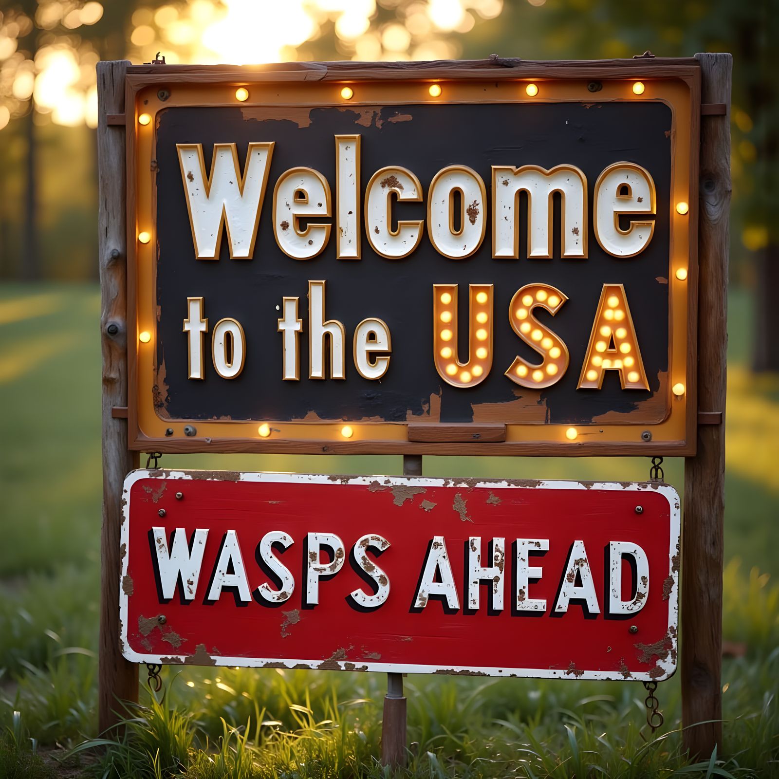 American Welcome Sign with Wasps Warning in Vibrant Colors