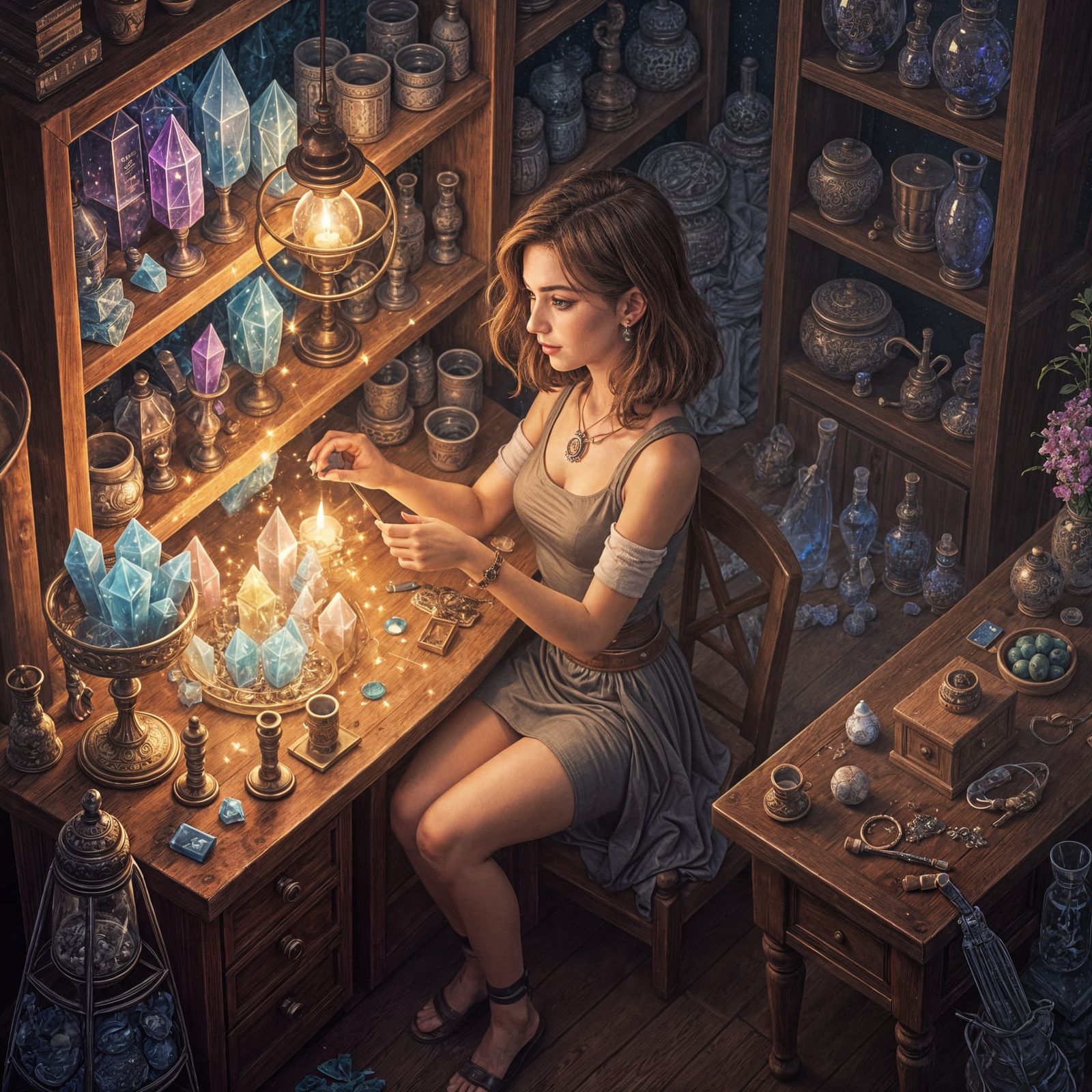 Magical Crystal Shop with Woman and Fantasy Lights