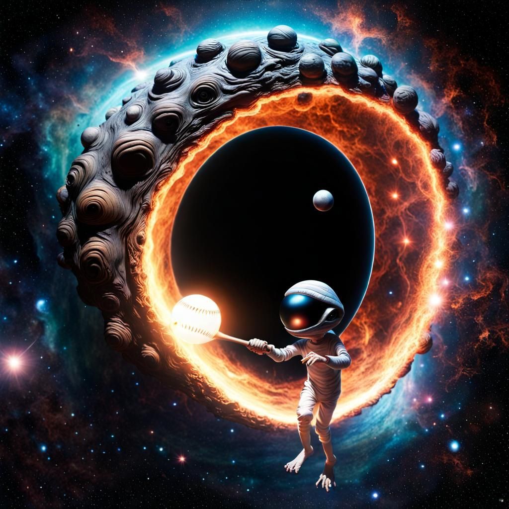 Alien Baseball Player Hits Lightball into Black Hole