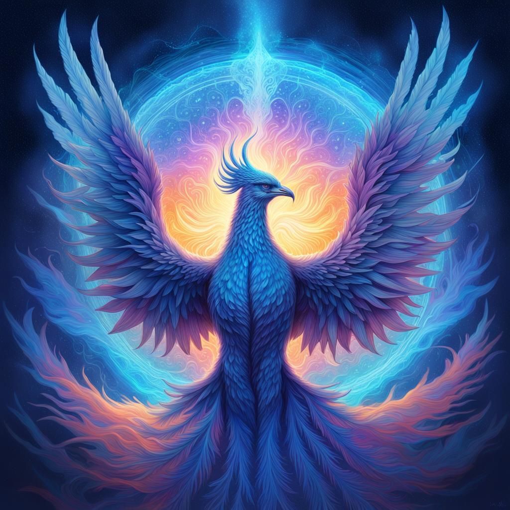 Ethereal Blue Phoenix in Glowing Mist