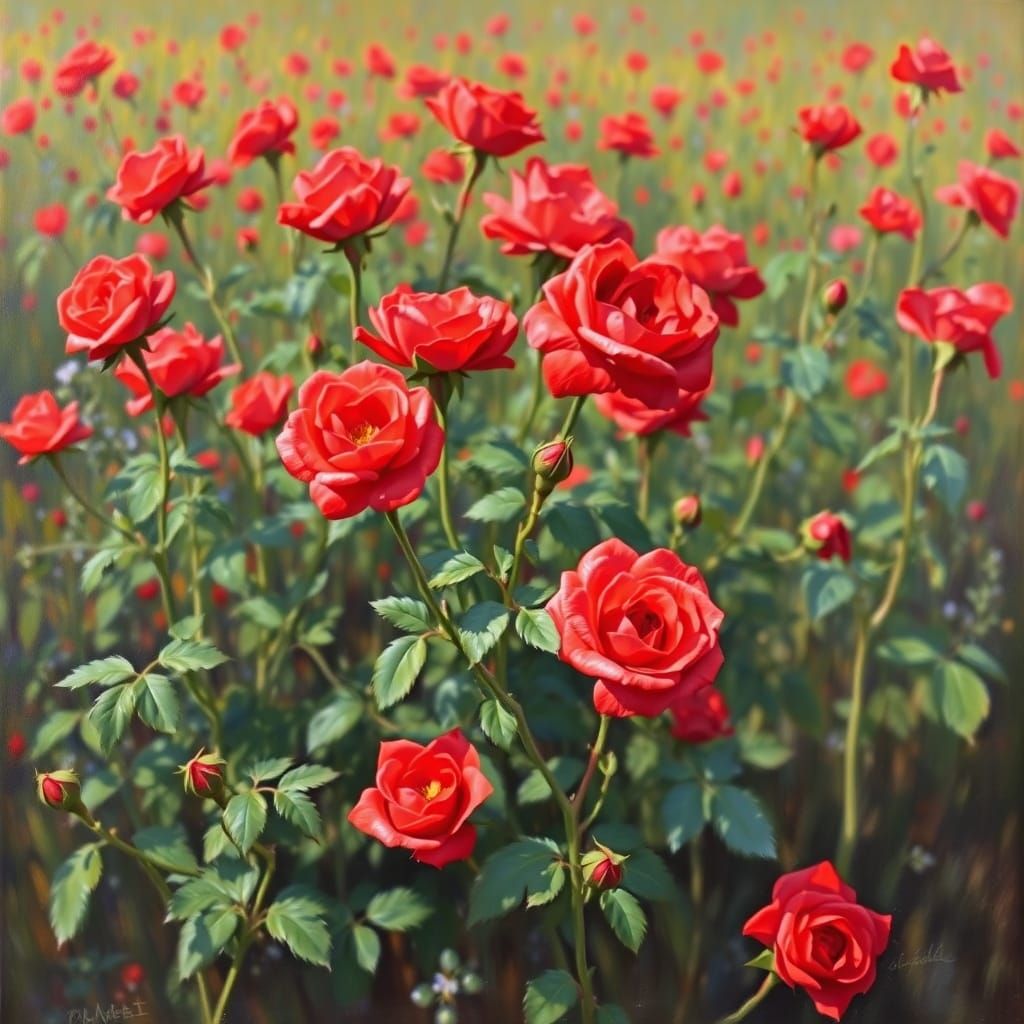 Vibrant Field of Red Roses Oil Painting