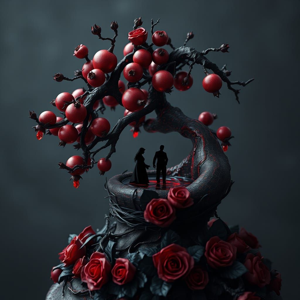Twisted Pomegranate Bonsai in Dark Gothic Style
