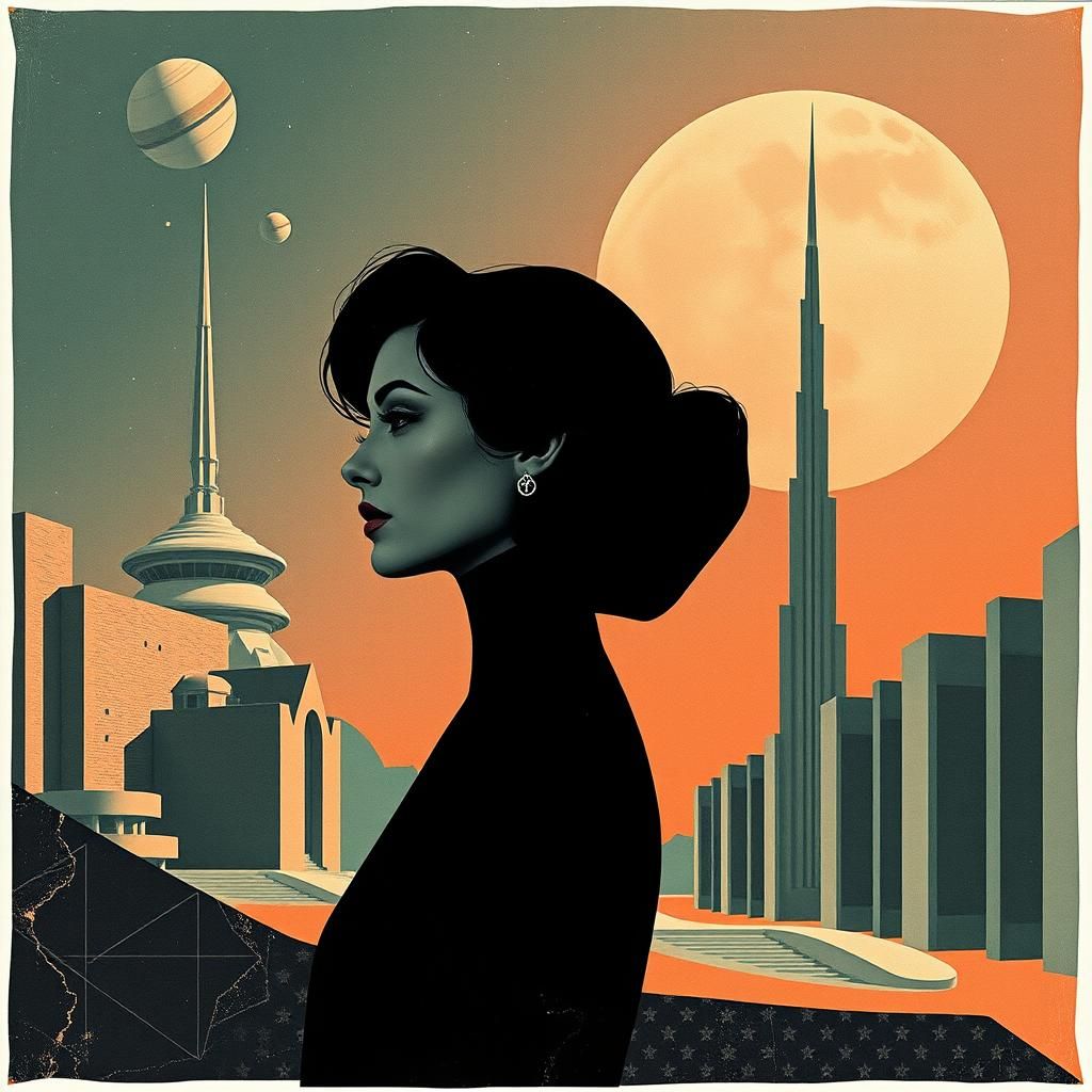 Elegant Woman in Space Collage: Retro-Futuristic Art
