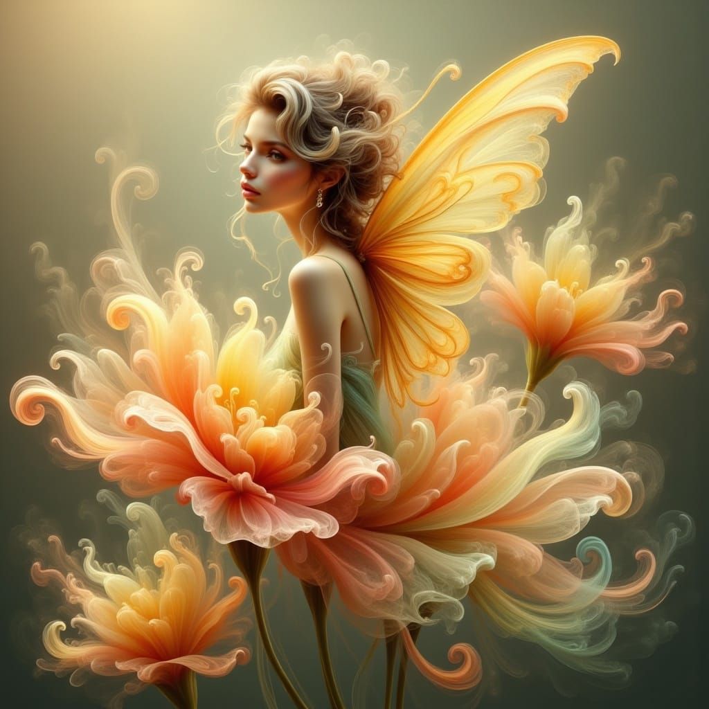 Butterfly Fairy on Dew-Kissed Flower, Ethereal Digital Art