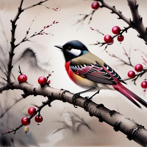 Bird and Plum Blossom in Chinese Ink Style