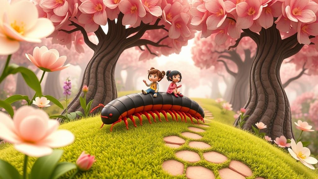 Little Figures Ride Millipede on Forest Path: 3D Animation