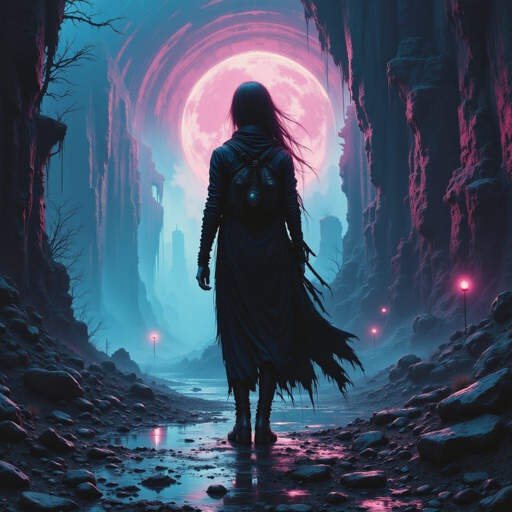 Mysterious Figure in a Desolate, Futuristic Landscape