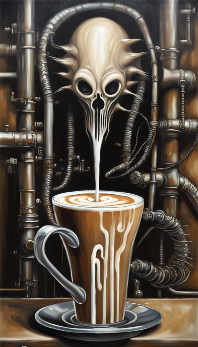 Biomechanical Coffee Shop in Post-Apocalyptic Oil Painting