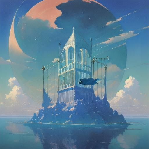 Caged Fish in Surreal Sky: Dreamlike Digital Art