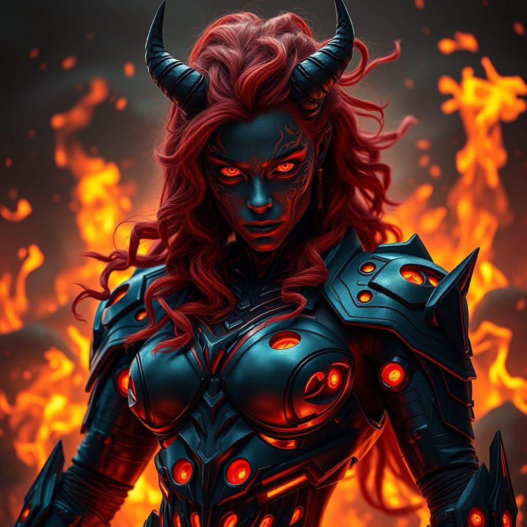 Cyberpunk Demon Warrior in Iridescent Ebony, Standing Amidst...