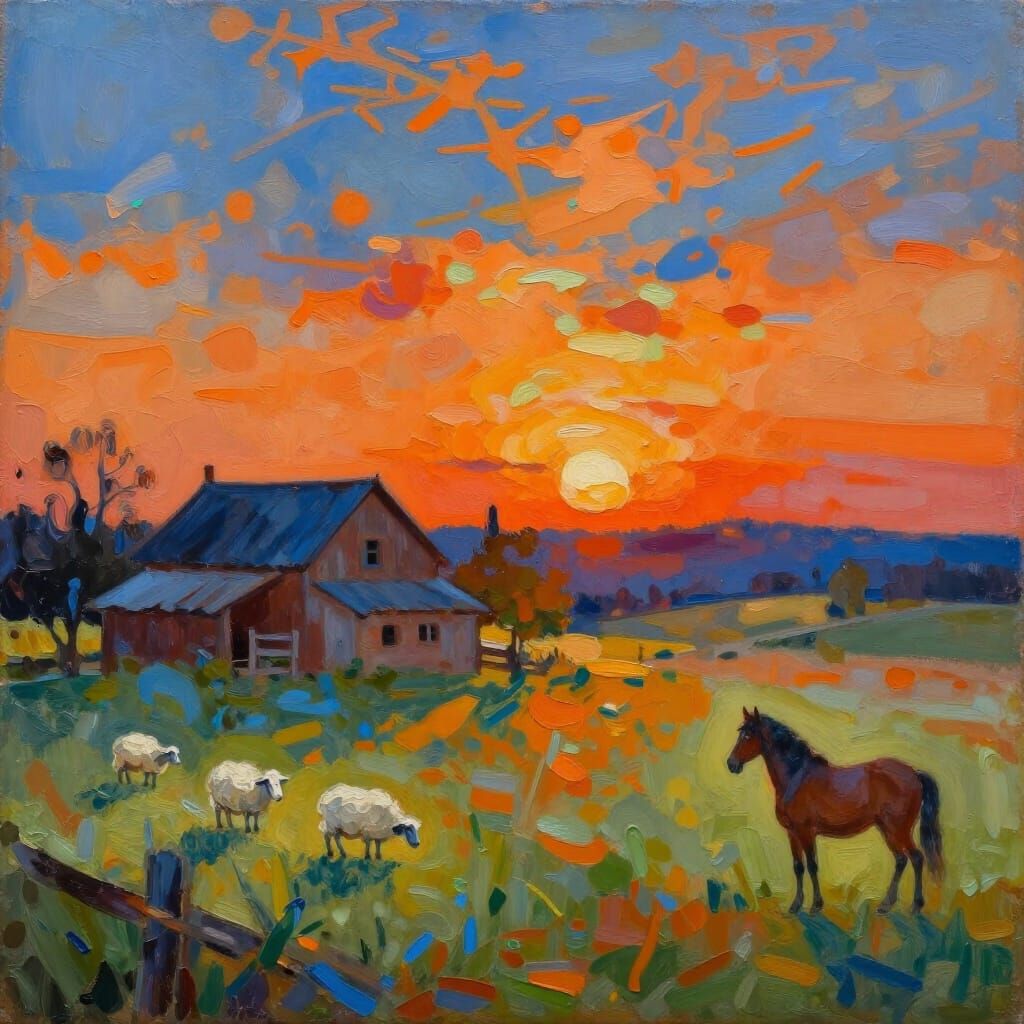 Abstract Farm Sunset Oil Painting with Animals