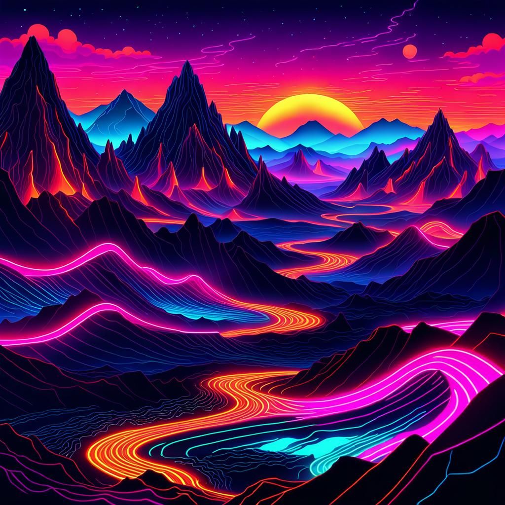 Golden Mountains Under Dark Sky in Synthwave Style