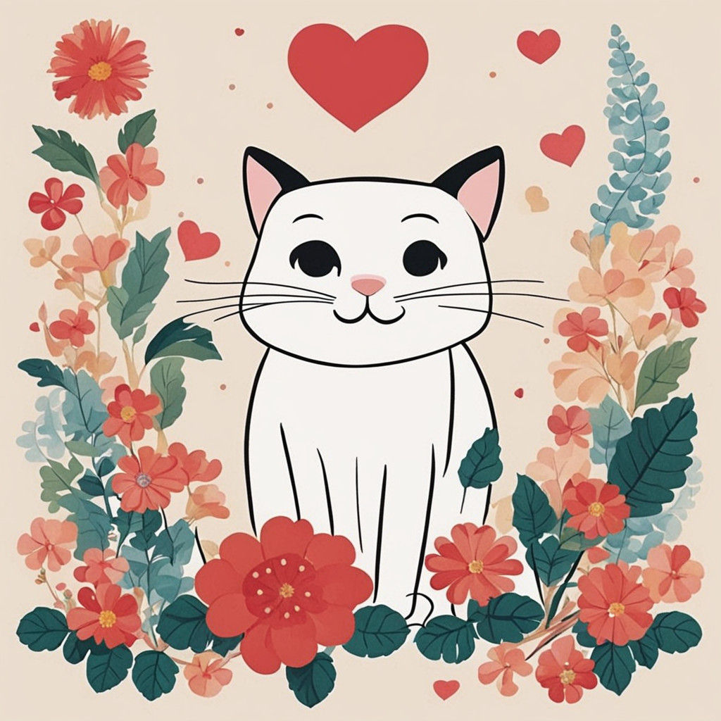 Vibrant Collage in Retro Style: Whimsical Cat Surrounded by...