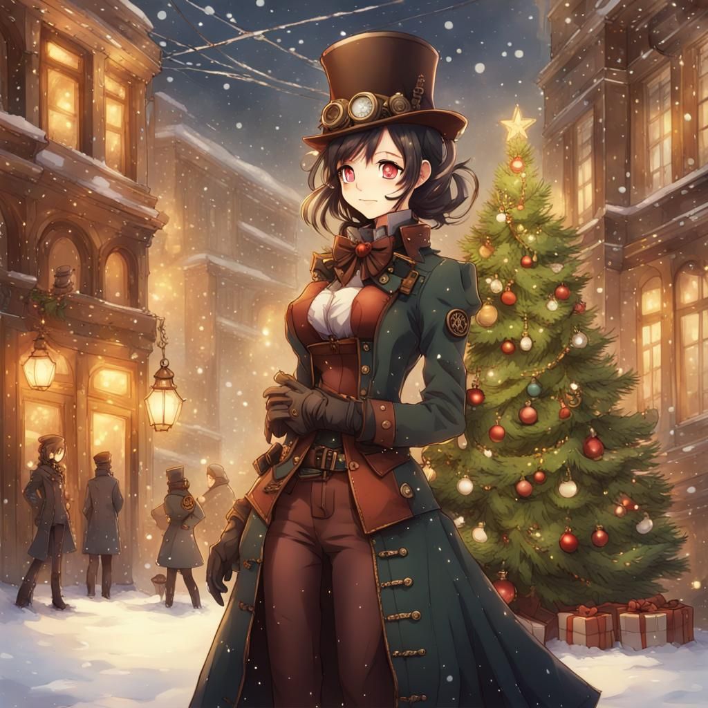 Steampunk Girl and Christmas Tree in Anime Style