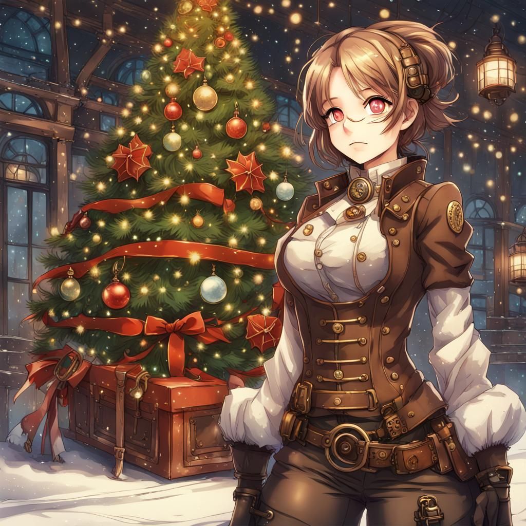 Steampunk Girl Admires Budapest Christmas Tree