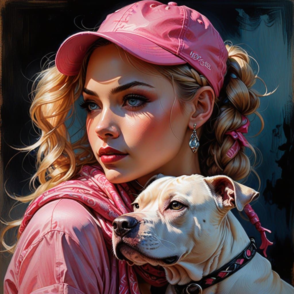 Whimsical Summer Portrait of Girl and Pit Bull in Vibrant Co...