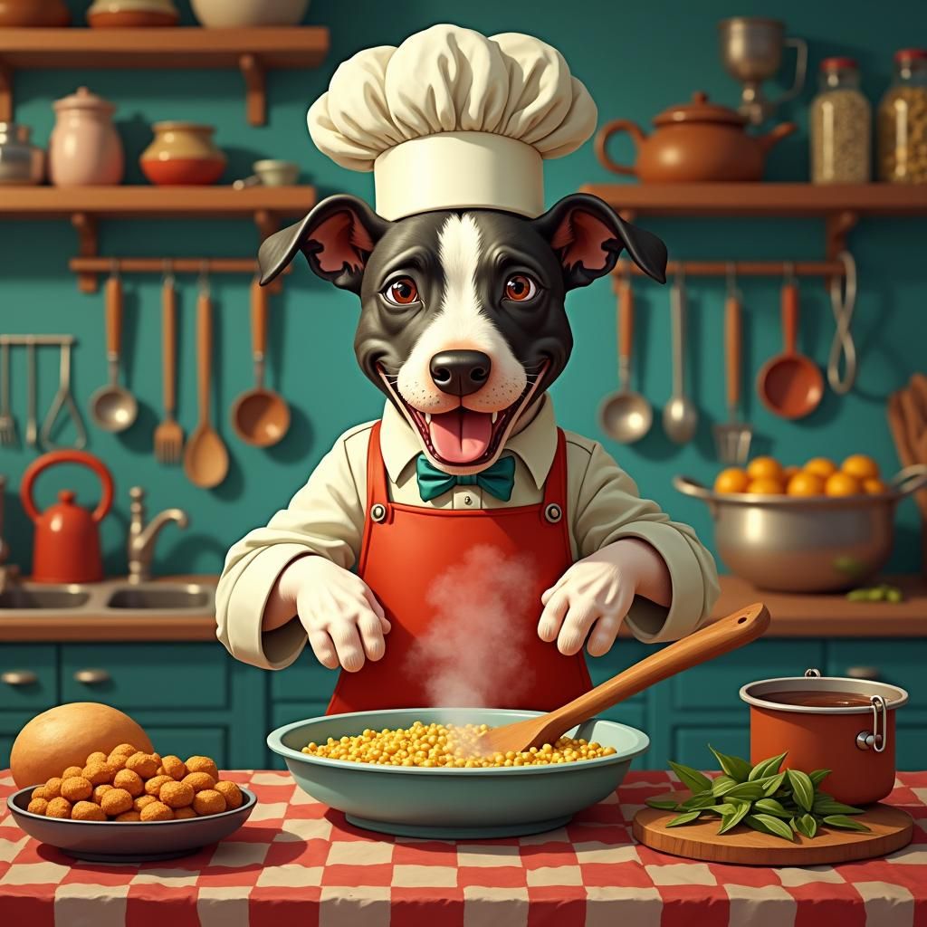 Pitbull Chef Cooking in Whimsical Kitchen Scene
