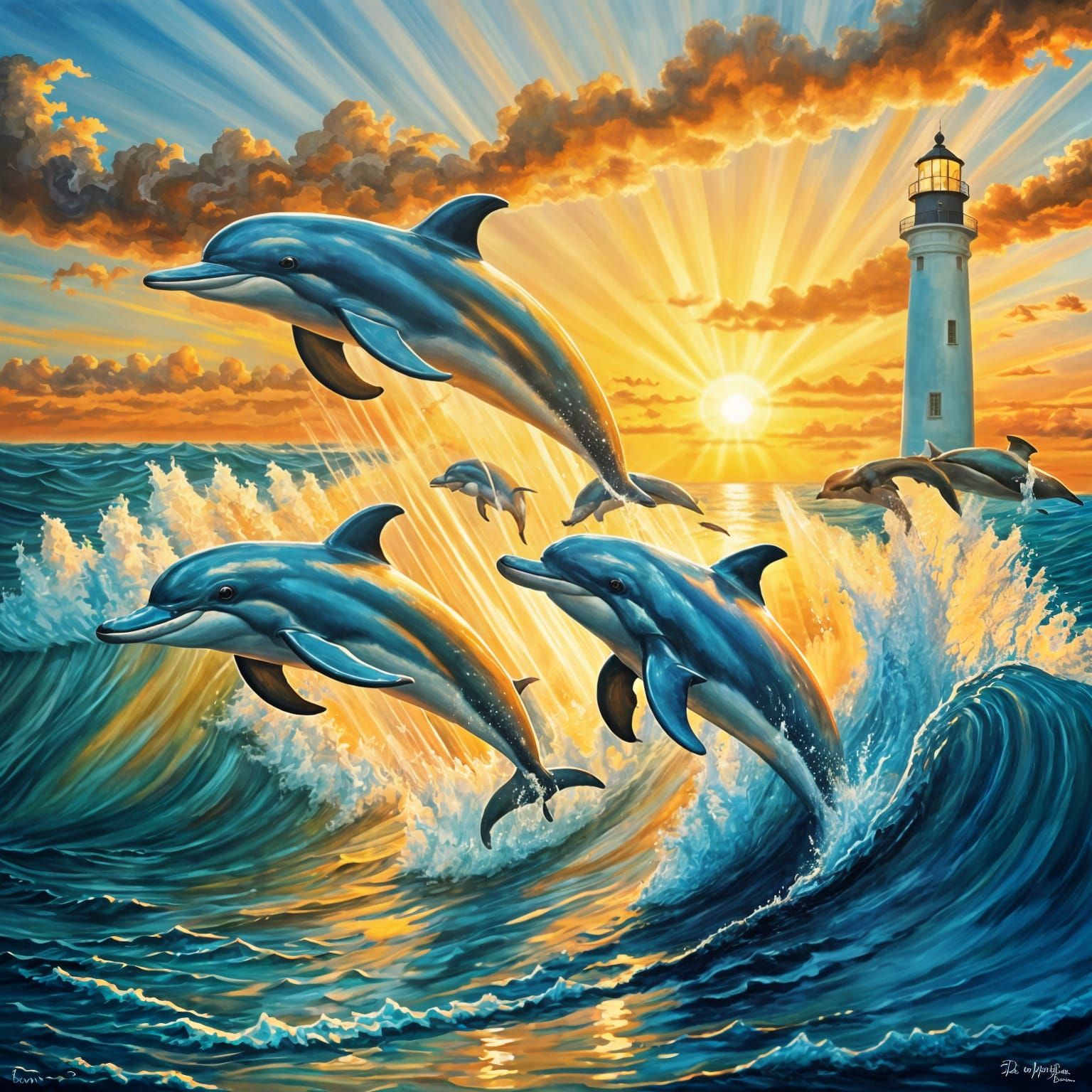 Dolphins Leaping at Sunset: Oil Painting