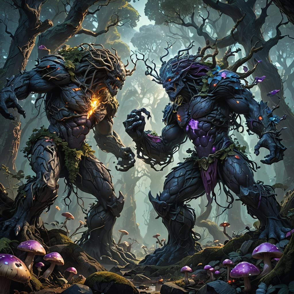 Mystical Earth Elemental in Dark Fantasy Forest Scene