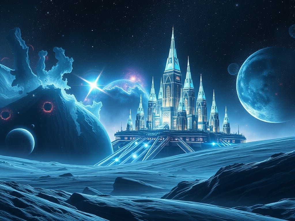 Retro Futuristic Moon City Amidst Cosmic Nebula