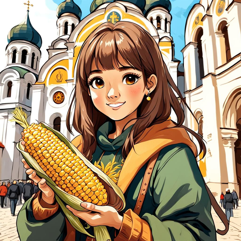 Cute Bulgarian Girl with Roasted Corn Illustration