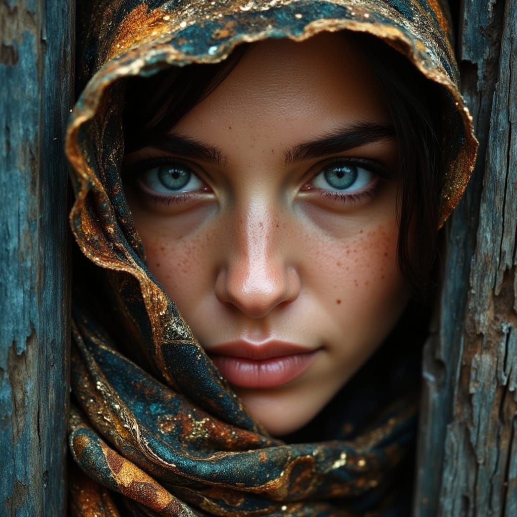 Young Woman Peering Through Wooden Boards, Earth Toned Scarf