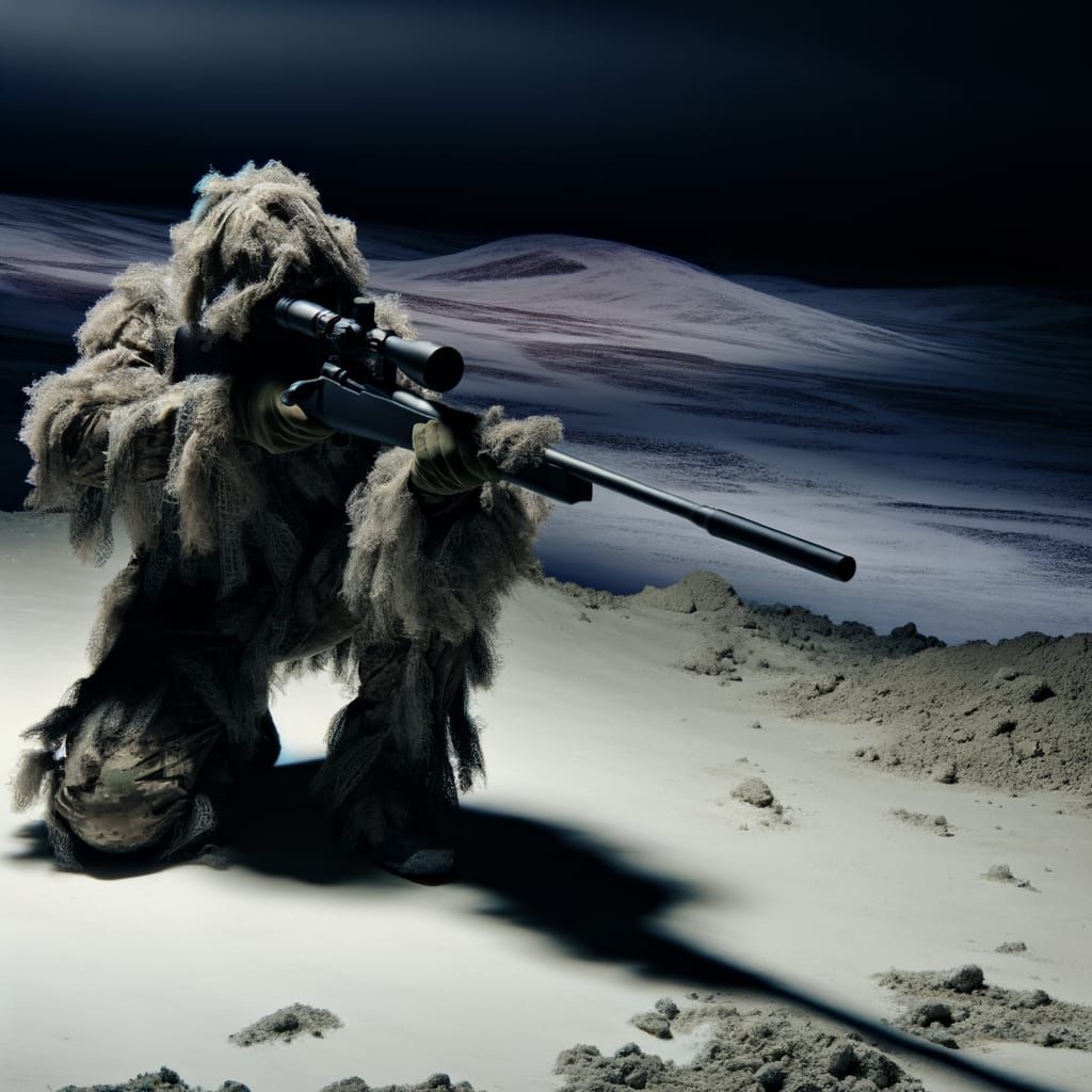Soldier in Ghillie Suit, Sniper Rifle, Dark Snowy Landscape