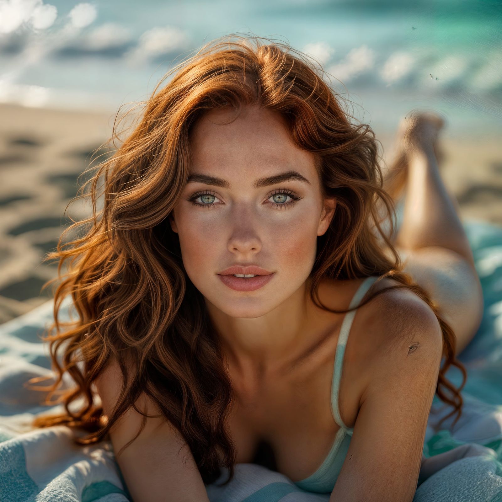 Redhead Sunbathing on Beach: Cinematic Film Still