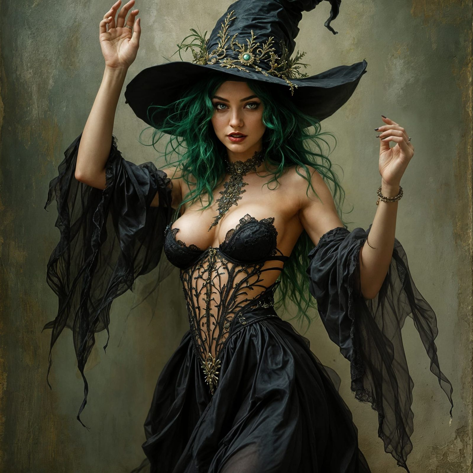 A Seductive Young Witch in Elegant Black Attire