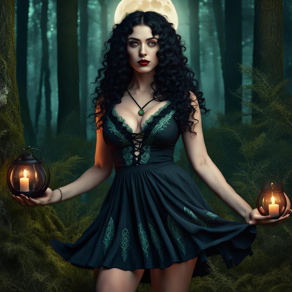 Beltane Witch Celebrates Spring Equinox Under Moonlight