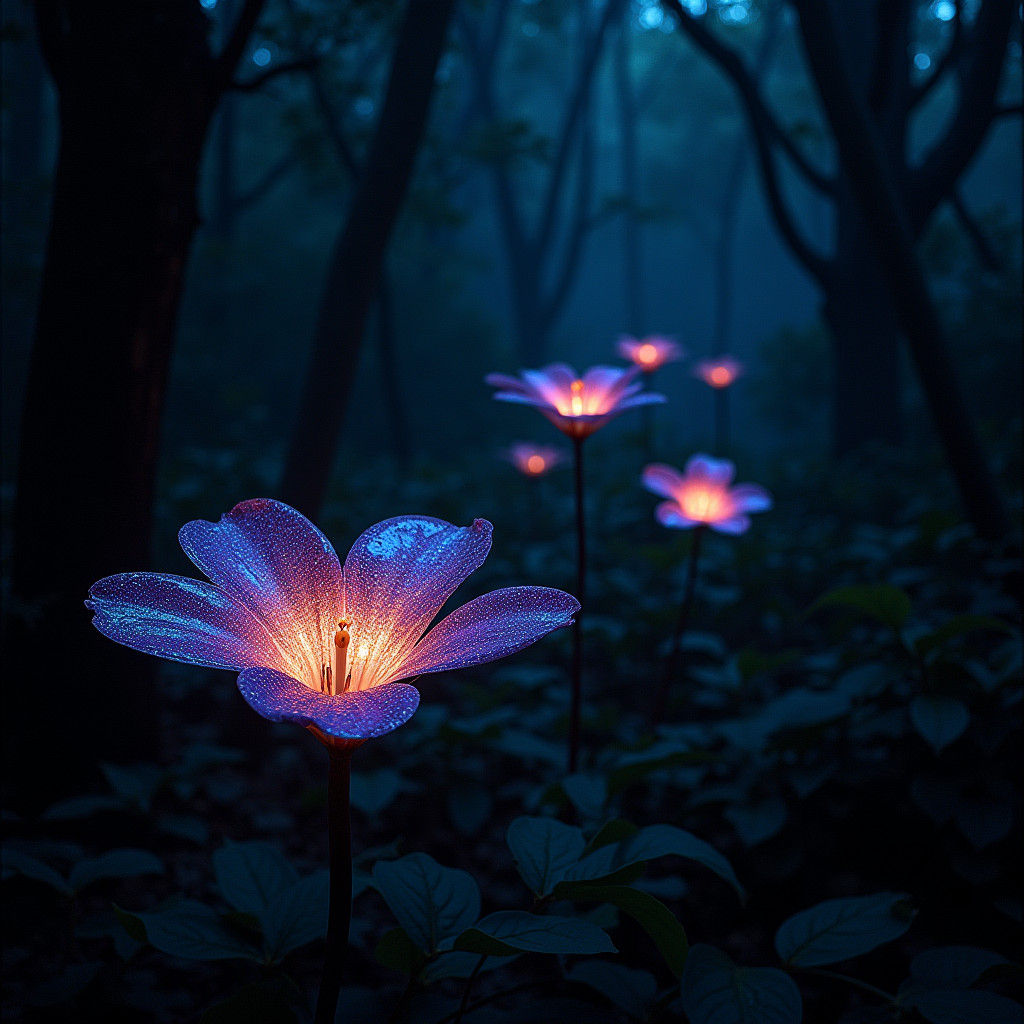 Luminous Night Flowers in a Dense Jungle