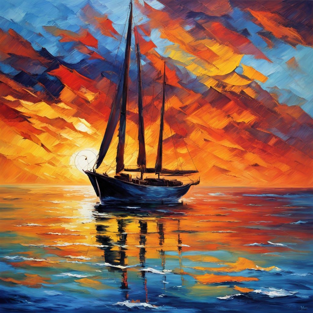 Sailboat at Sunset in Expressive Oil Painting Style