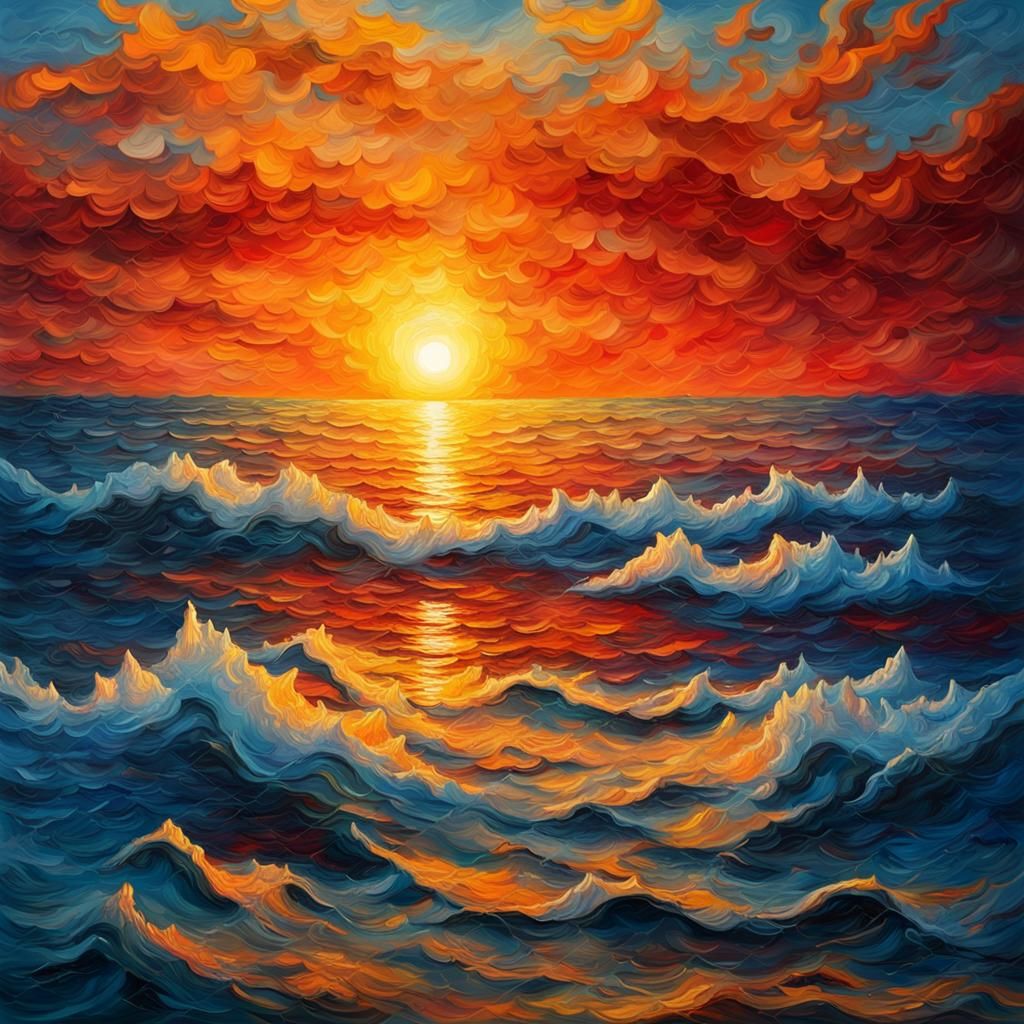 Ocean Sunset with Big Waves as Impasto Oil Painting