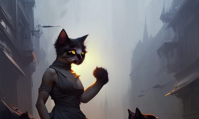 Dark Fantasy Cat Portrait in Art Nouveau Style