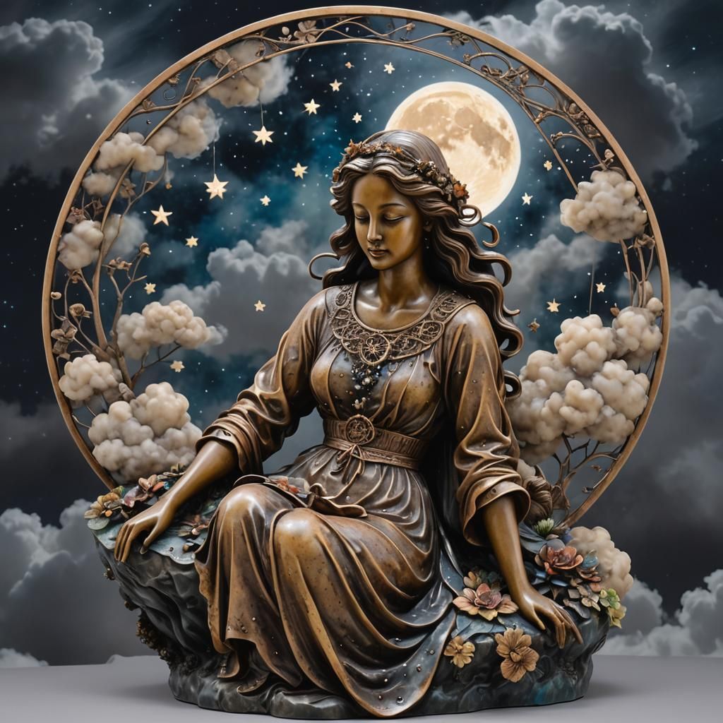 Stained Woman Figure on Cloud in Starry Sky