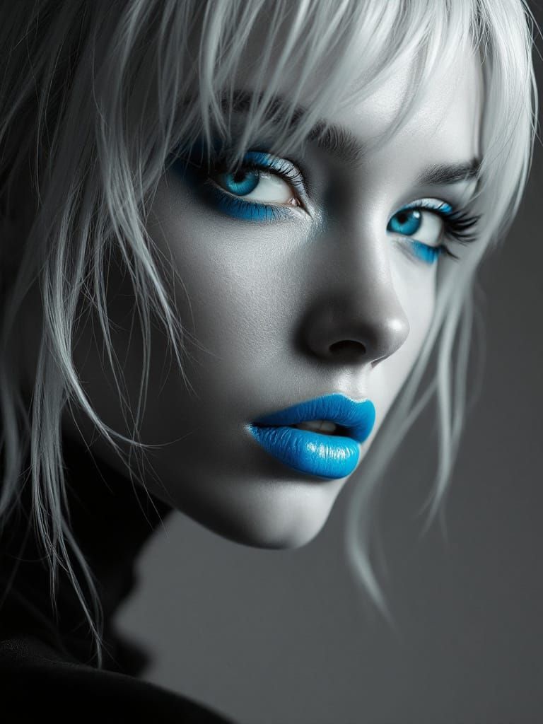 Monochrome Portrait with Vivid Blue Lips and Eyes