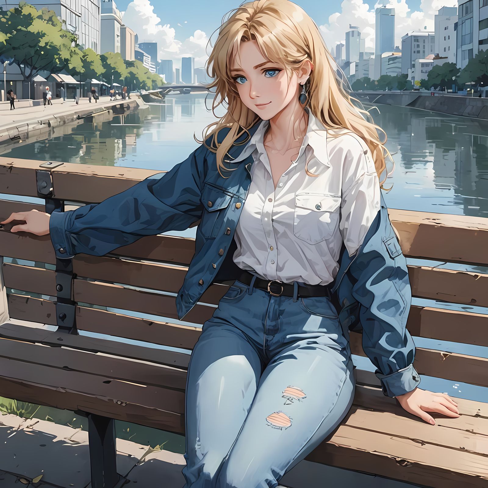 Anime Woman on Riverside Bench in 80s Style