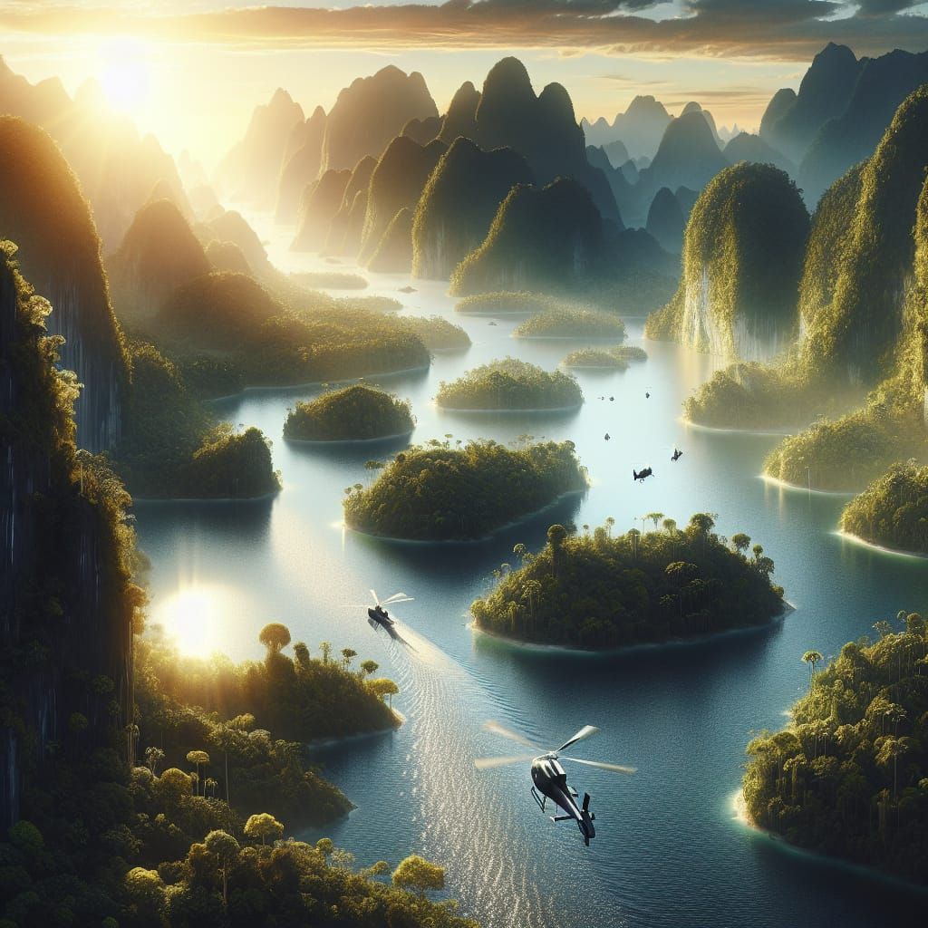 Epic River Landscape at Sunrise in Digital Matte Painting St...